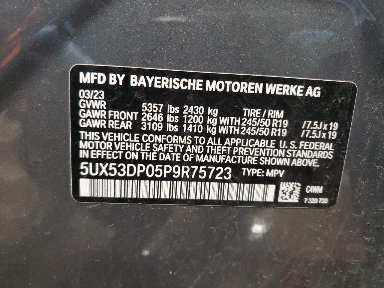 2023 BMW X3 XDRIVE30I VIN:5UX53DP05P9R75723