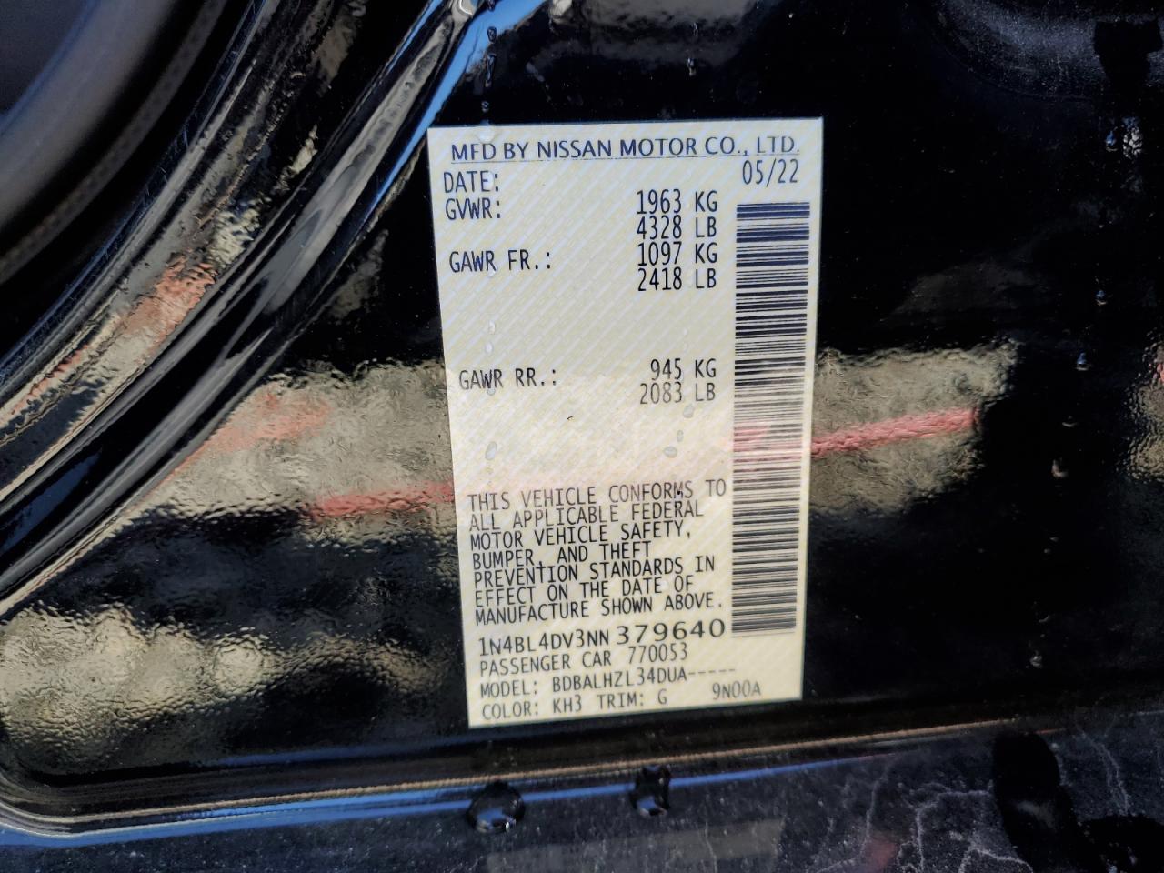 2022 NISSAN ALTIMA SV VIN:1N4BL4DV3NN379640