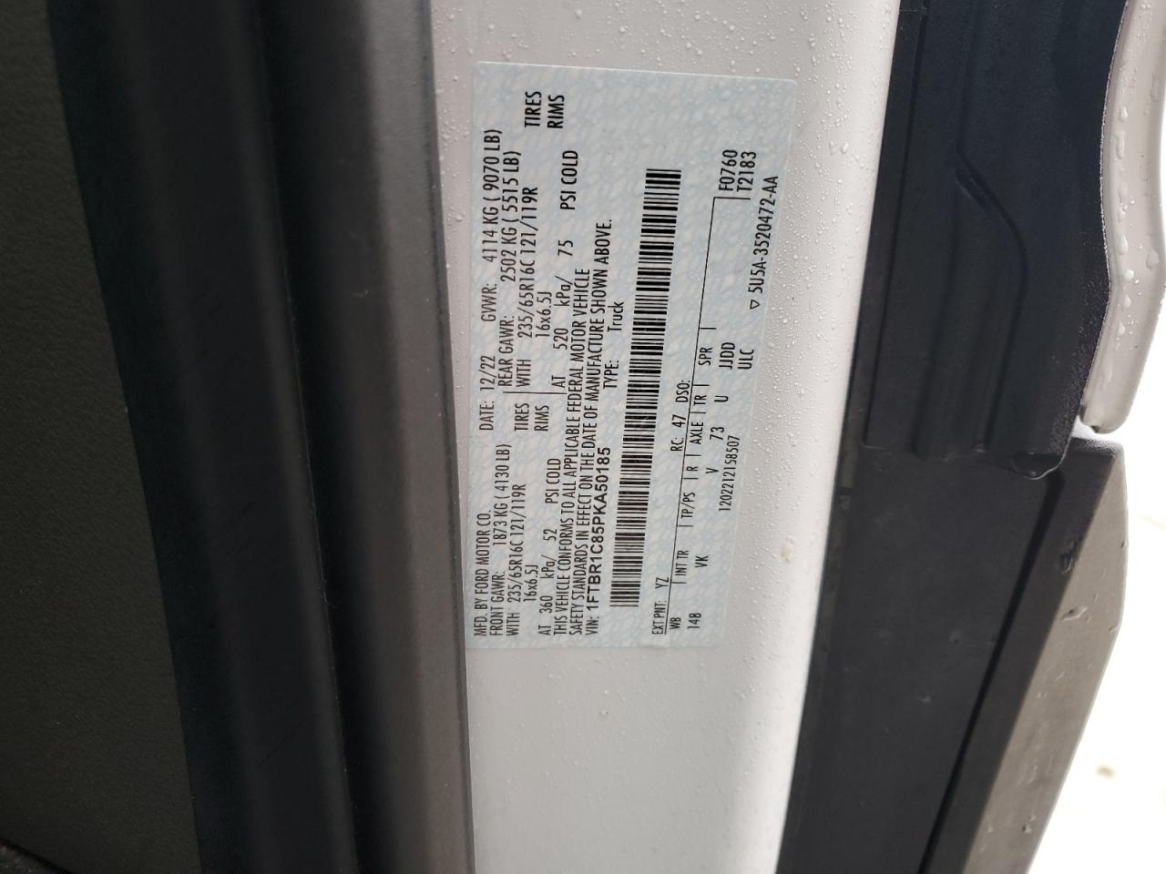 2023 FORD TRANSIT T-250 VIN:1FTBR1C85PKA50185