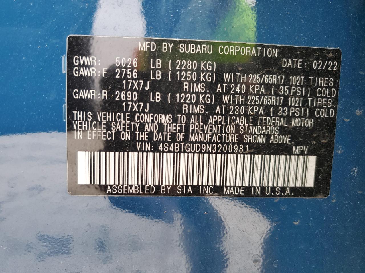 2022 SUBARU OUTBACK WILDERNESS VIN:4S4BTGUD9N3200981
