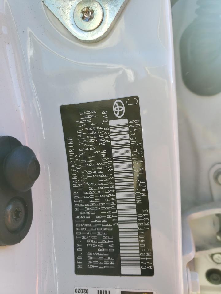 2022 TOYOTA COROLLA LE VIN:5YFEPMAE4NP373784