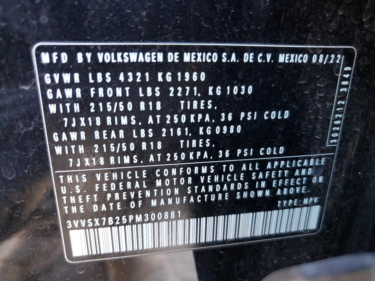 2023 VOLKSWAGEN TAOS SE VIN:3VVSX7B25PM300881