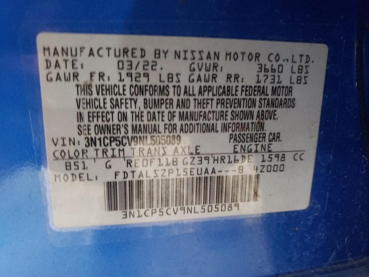 2022 NISSAN KICKS SV VIN:3N1CP5CV9NL505089