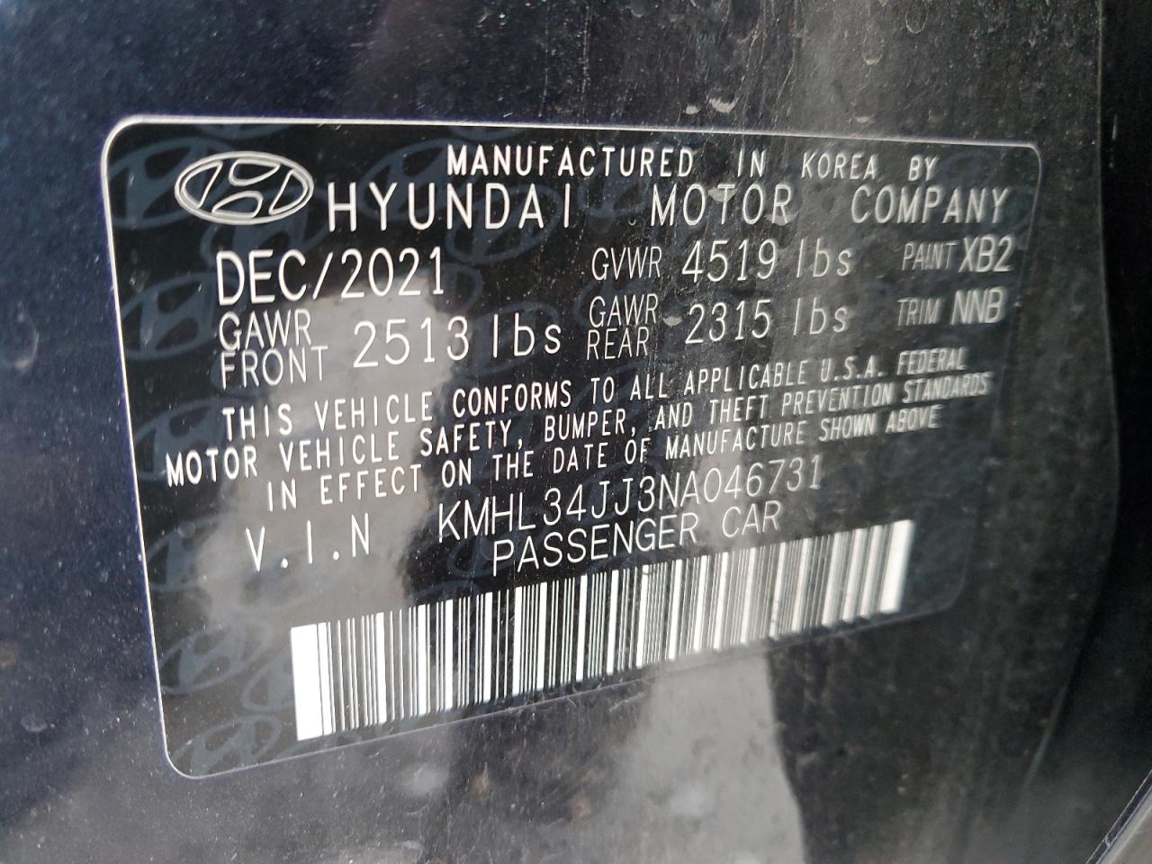 2022 HYUNDAI SONATA HYBRID VIN:KMHL34JJ3NA046731