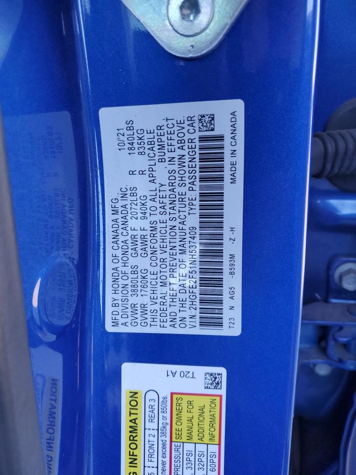 2022 HONDA CIVIC SPORT VIN:2HGFE2F51NH537409