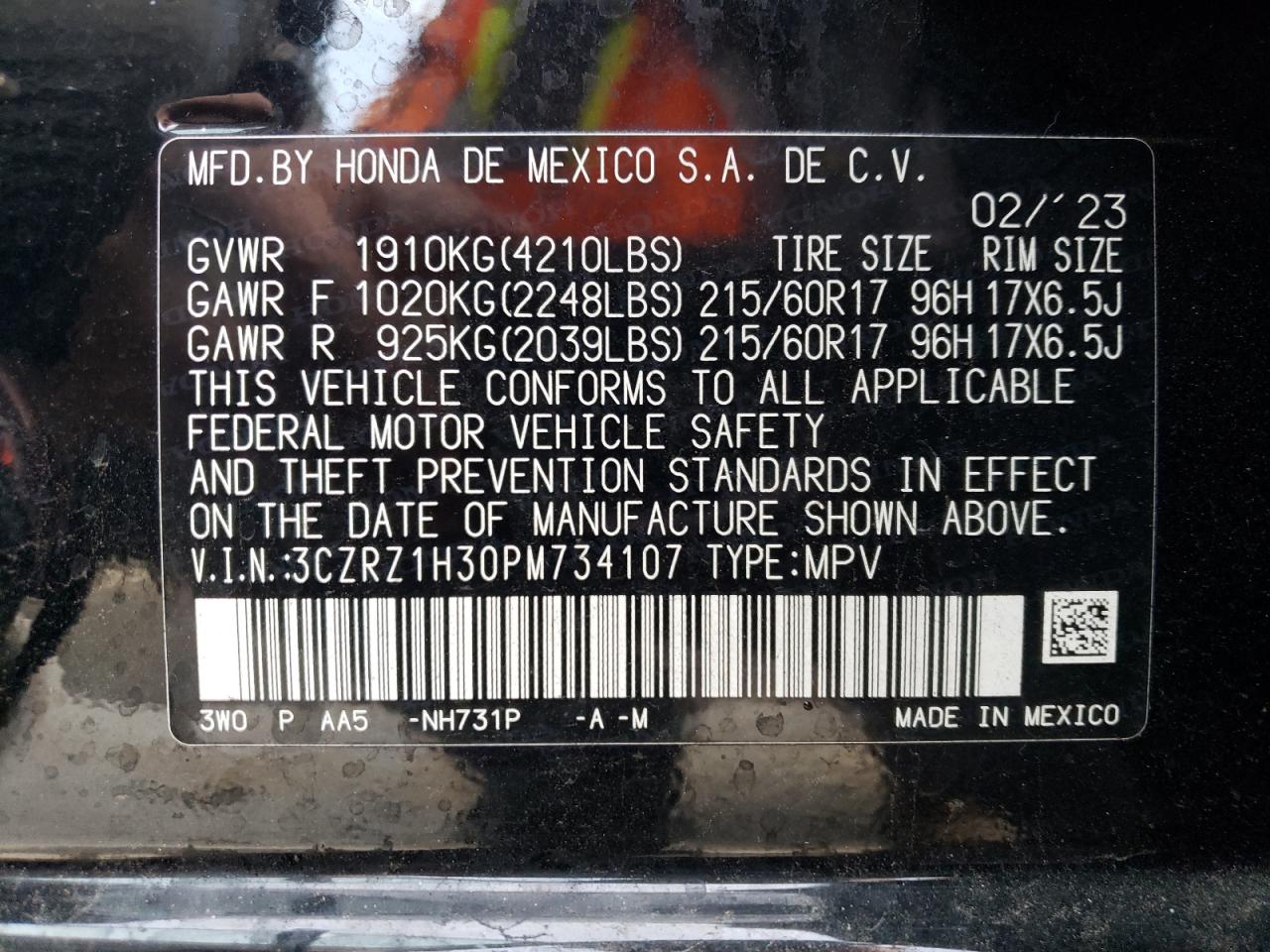 2023 HONDA HR-V LX VIN:3CZRZ1H30PM734107