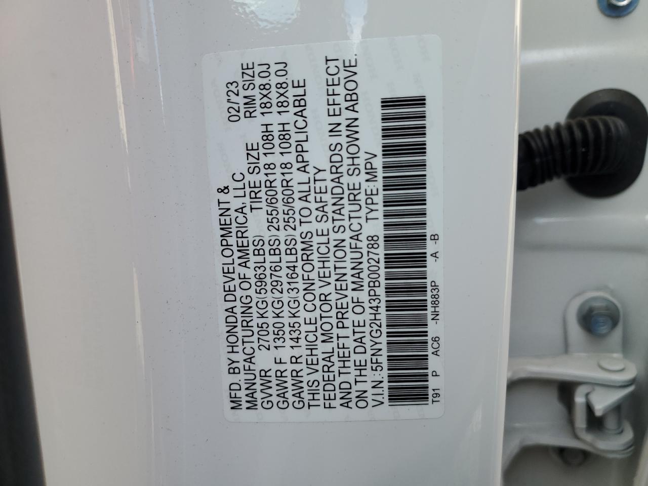 2023 HONDA PILOT EXL VIN:5FNYG2H43PB002788