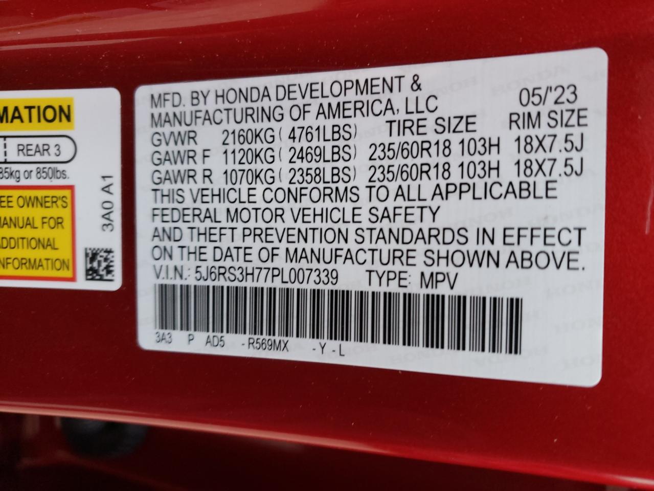 2023 HONDA CR-V EXL VIN:5J6RS3H77PL007339