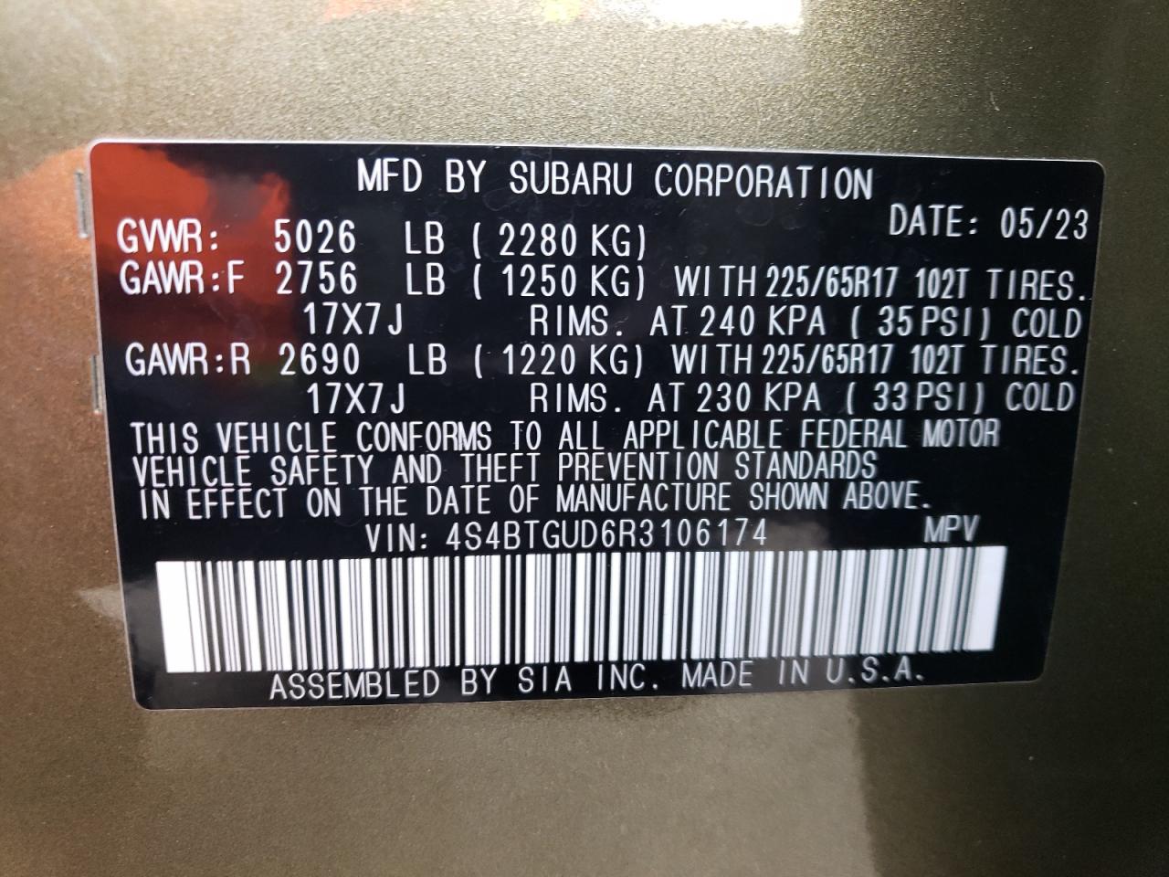 2024 SUBARU OUTBACK WILDERNESS VIN:4S4BTGUD6R3106174