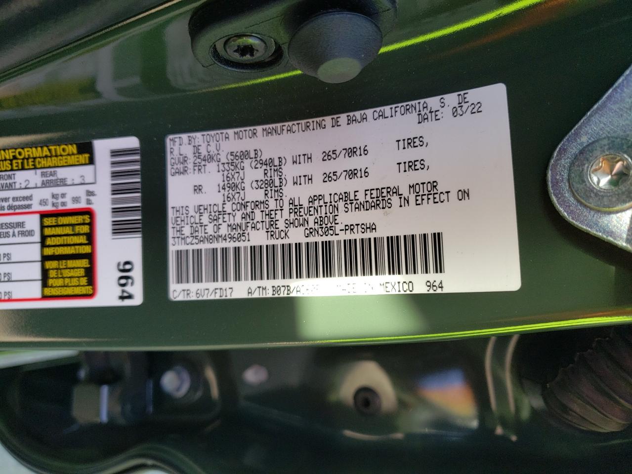 2022 TOYOTA TACOMA DOUBLE CAB VIN:3TMCZ5AN8NM496051