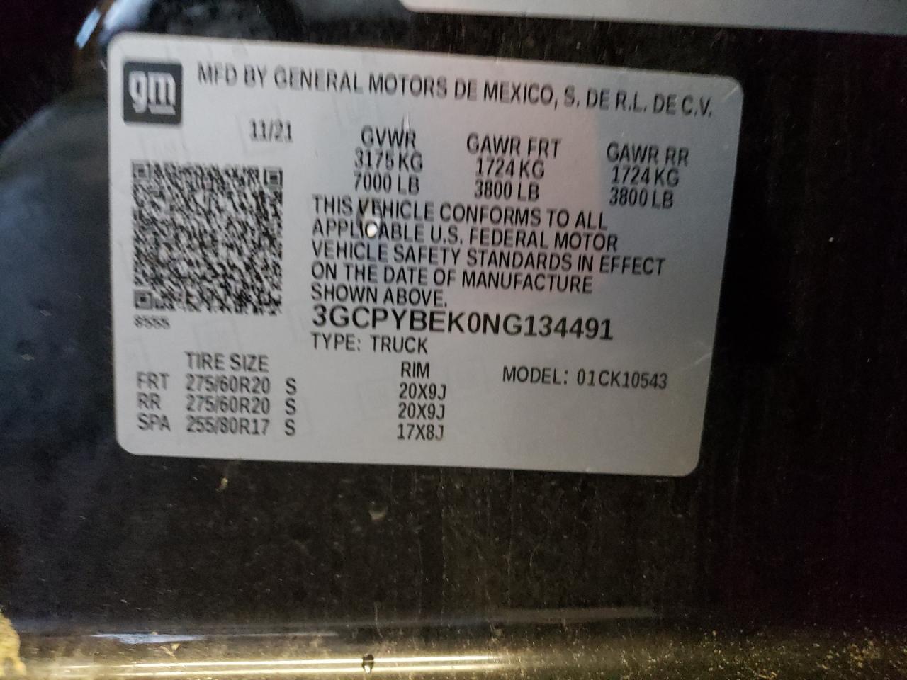 2022 CHEVROLET SILVERADO LTD K1500 CUSTOM VIN:3GCPYBEK0NG134491