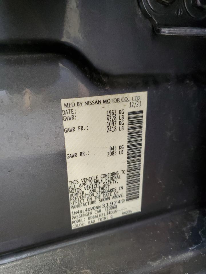 2022 NISSAN ALTIMA SV VIN:1N4BL4DV0NN319749