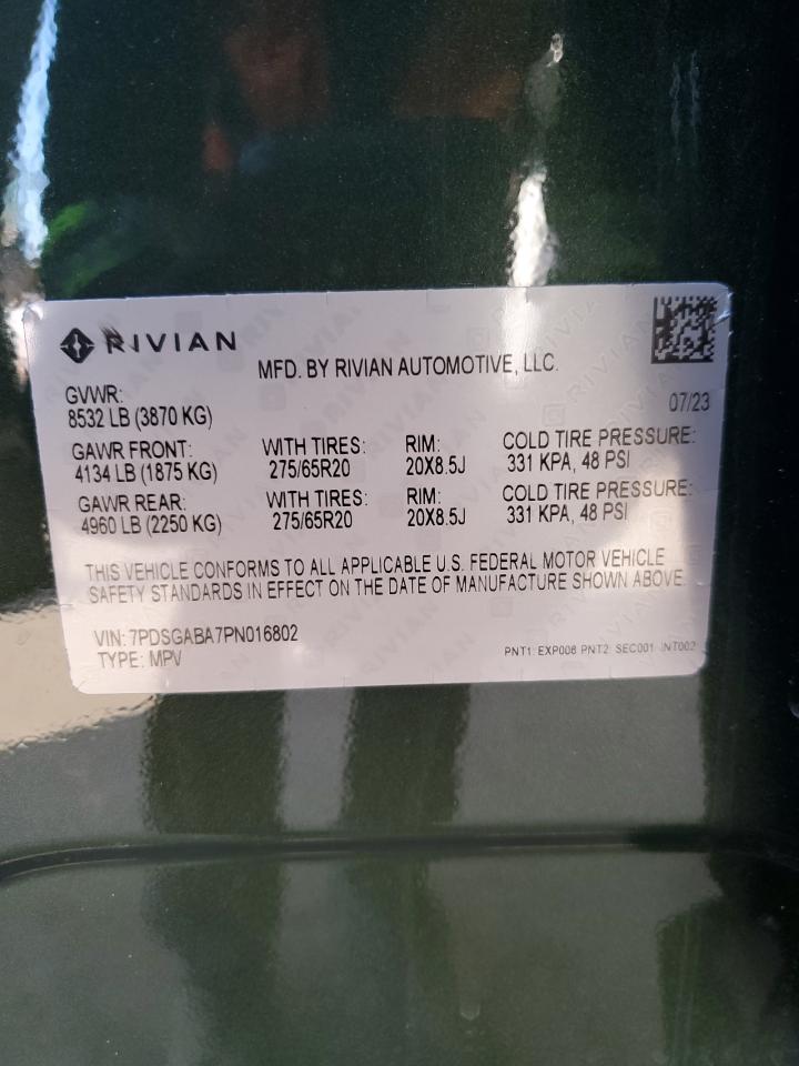 2023 RIVIAN R1S ADVENTURE VIN:7PDSGABA7PN016802