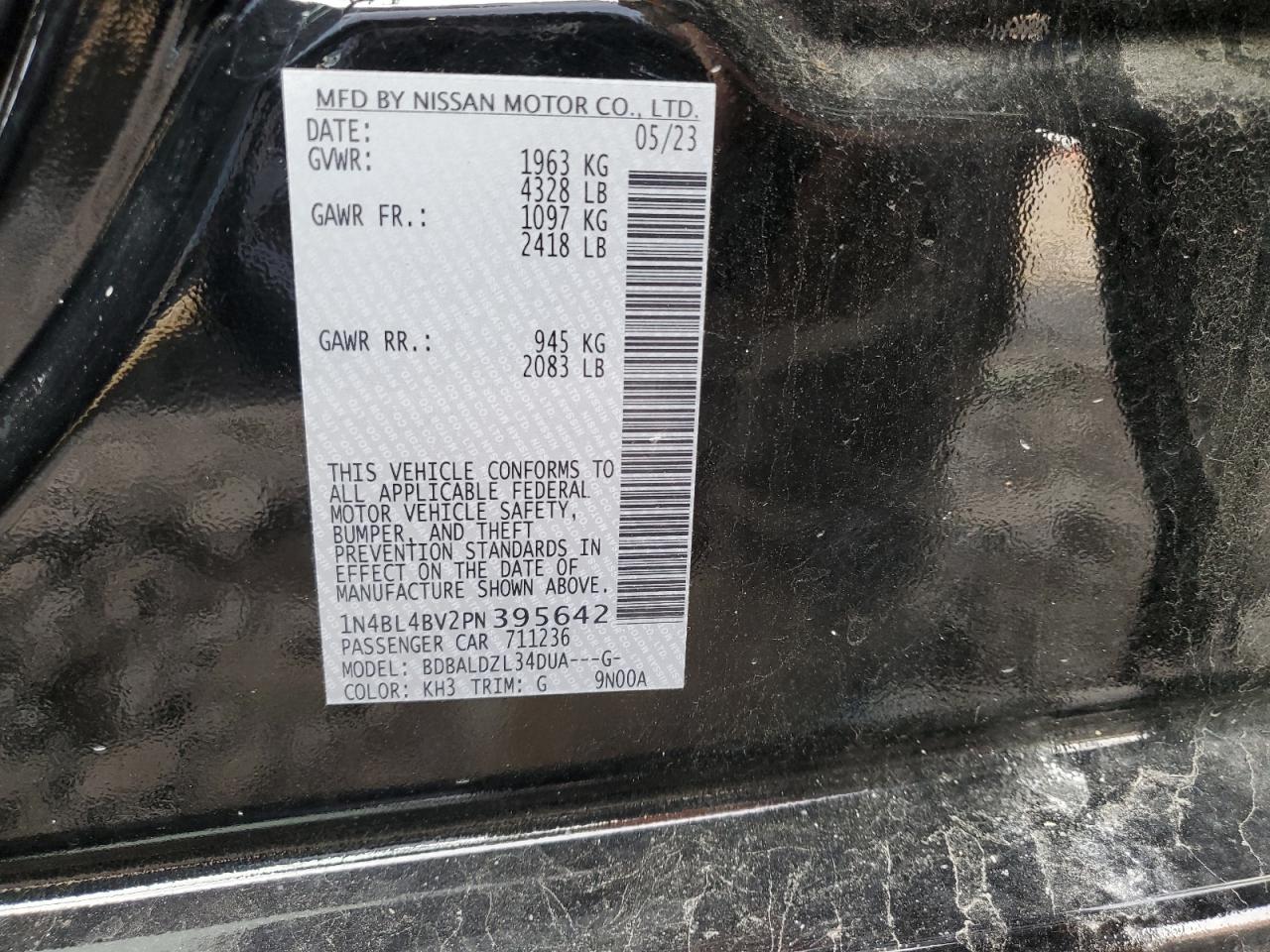 2023 NISSAN ALTIMA S VIN:1N4BL4BV2PN395642