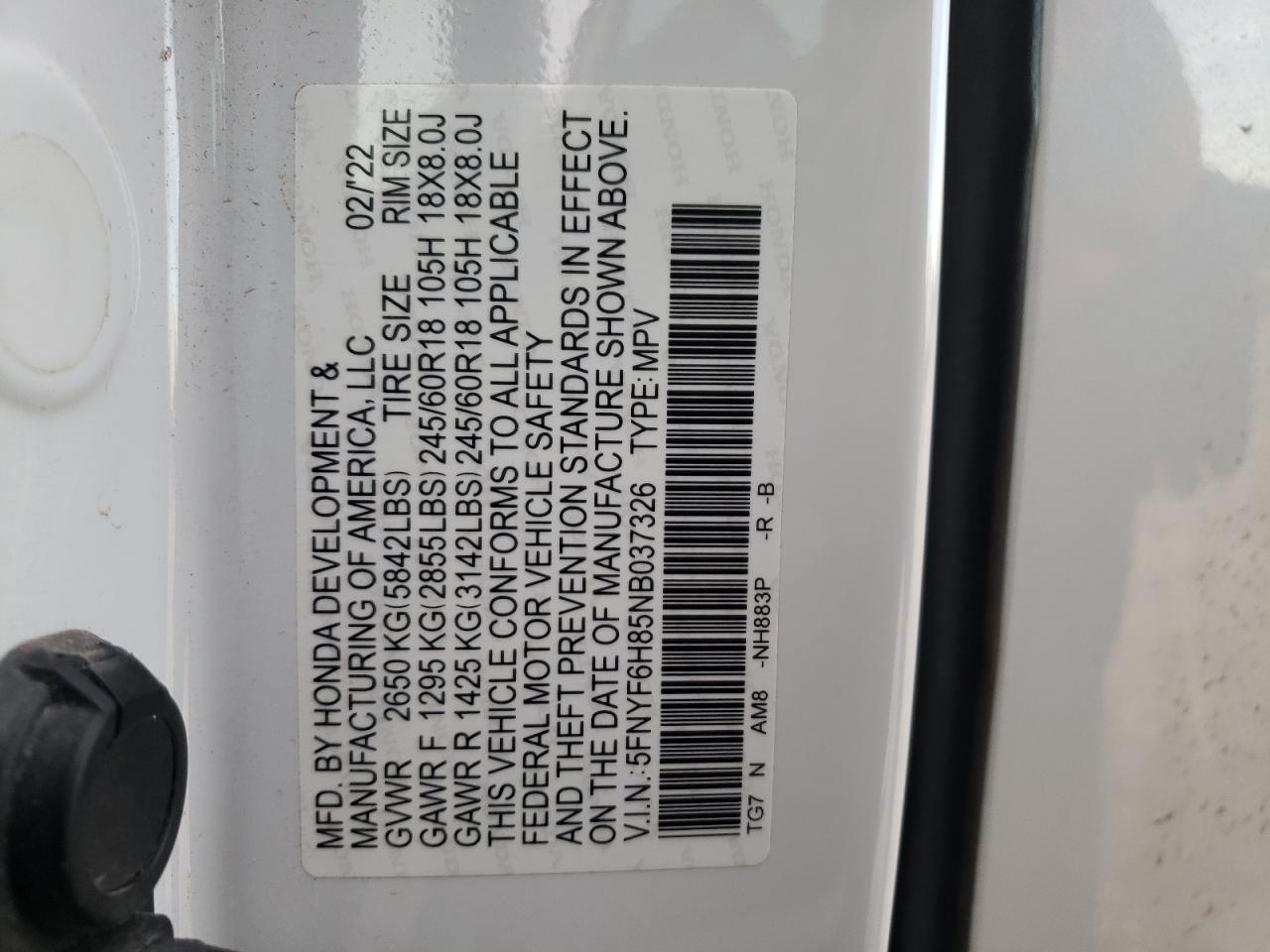 2022 HONDA PILOT TRAILSPORT VIN:5FNYF6H85NB037326