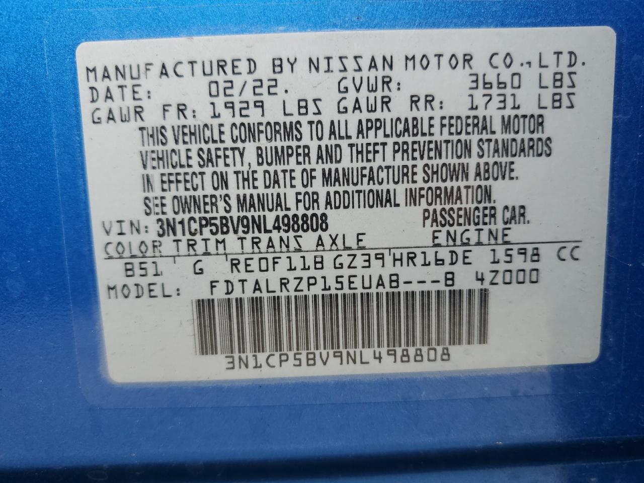 2022 NISSAN KICKS S VIN:3N1CP5BV9NL498808