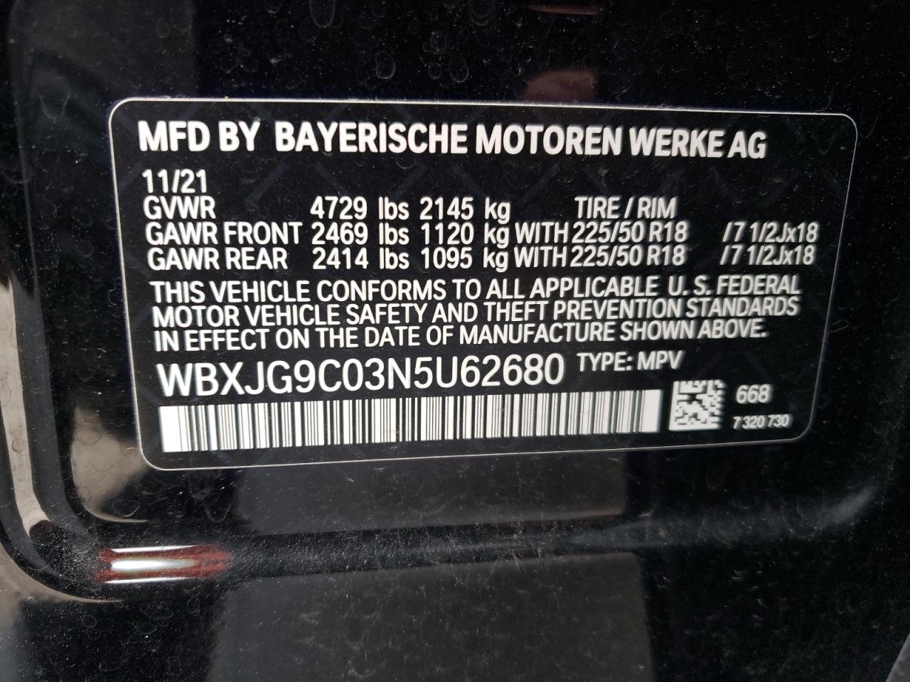 2022 BMW X1 XDRIVE28I VIN:WBXJG9C03N5U62680