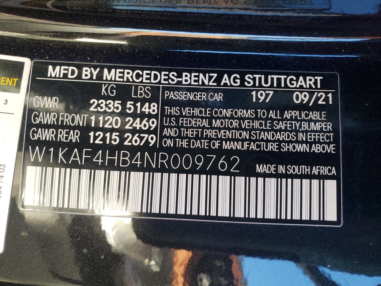 2022 MERCEDES-BENZ C 300 4MATIC VIN:W1KAF4HB4NR009762