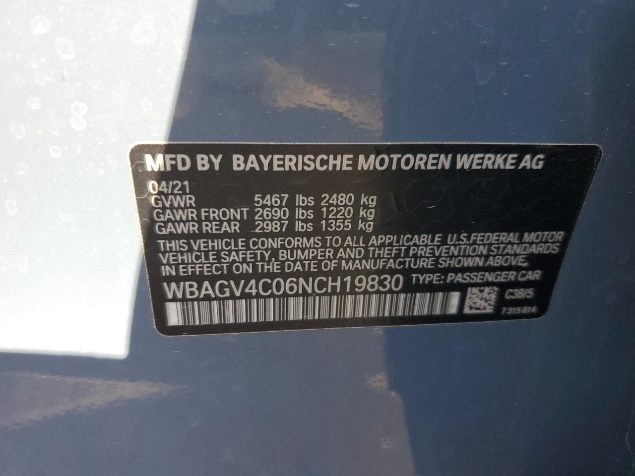 2022 BMW 840XI  VIN:WBAGV4C06NCH19830