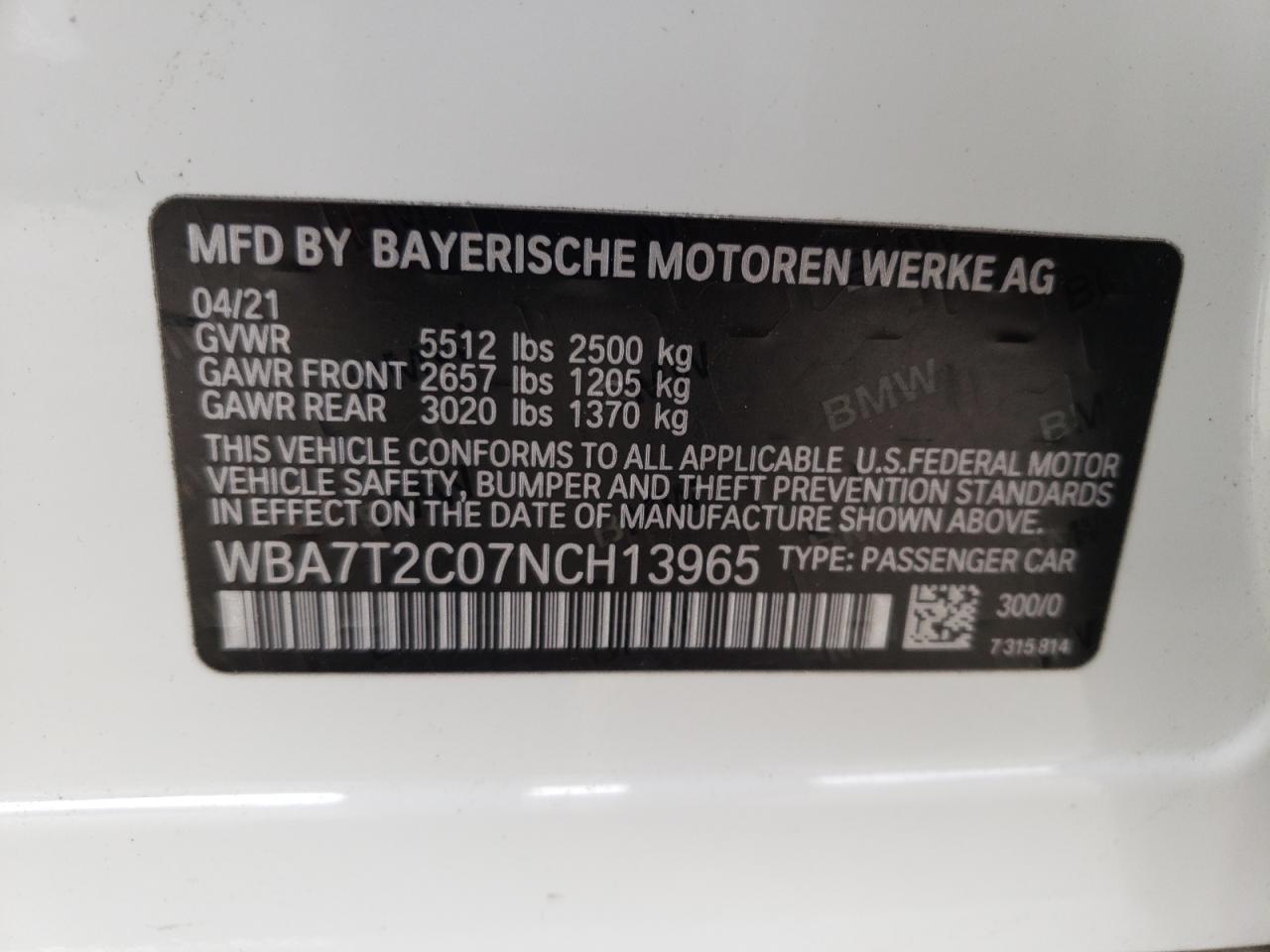 2022 BMW 740 I VIN:WBA7T2C07NCH13965