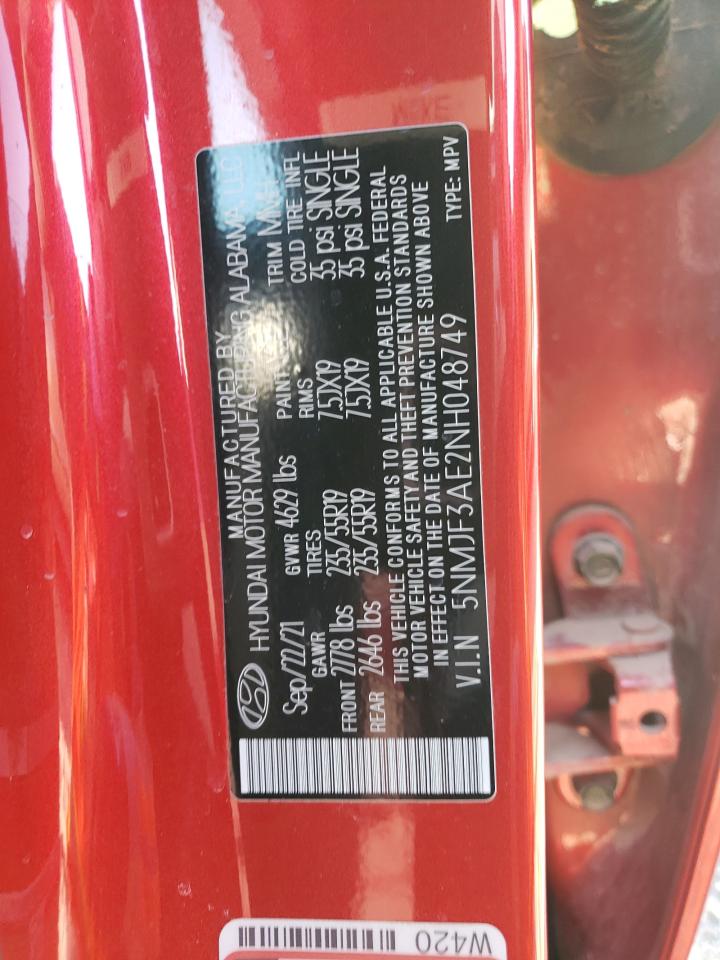 2022 HYUNDAI TUCSON SEL VIN:5NMJF3AE2NH048749