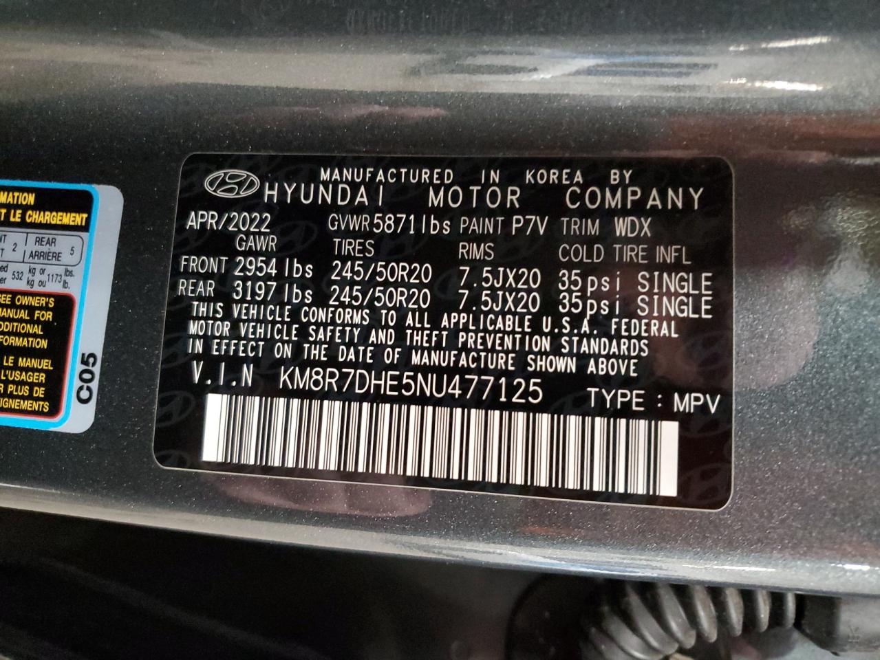 2022 HYUNDAI PALISADE CALLIGRAPHY VIN:KM8R7DHE5NU477125