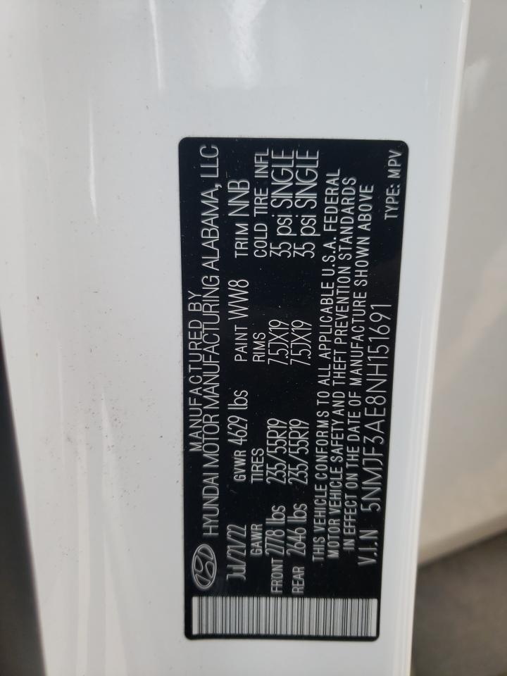 2022 HYUNDAI TUCSON SEL VIN:5NMJF3AE8NH151691