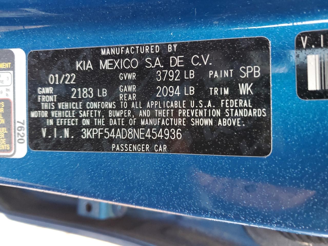 2022 KIA FORTE GT LINE VIN:3KPF54AD8NE454936