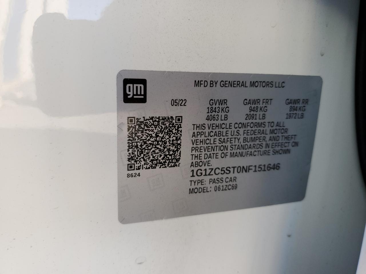 2022 CHEVROLET MALIBU LS VIN:1G1ZC5ST0NF151646