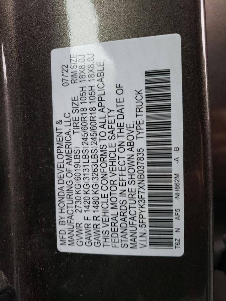 2022 HONDA RIDGELINE RTL VIN:5FPYK3F7XNB037835