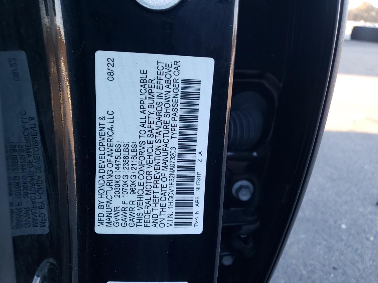 2022 HONDA ACCORD SPORT VIN:1HGCV1F32NA073203