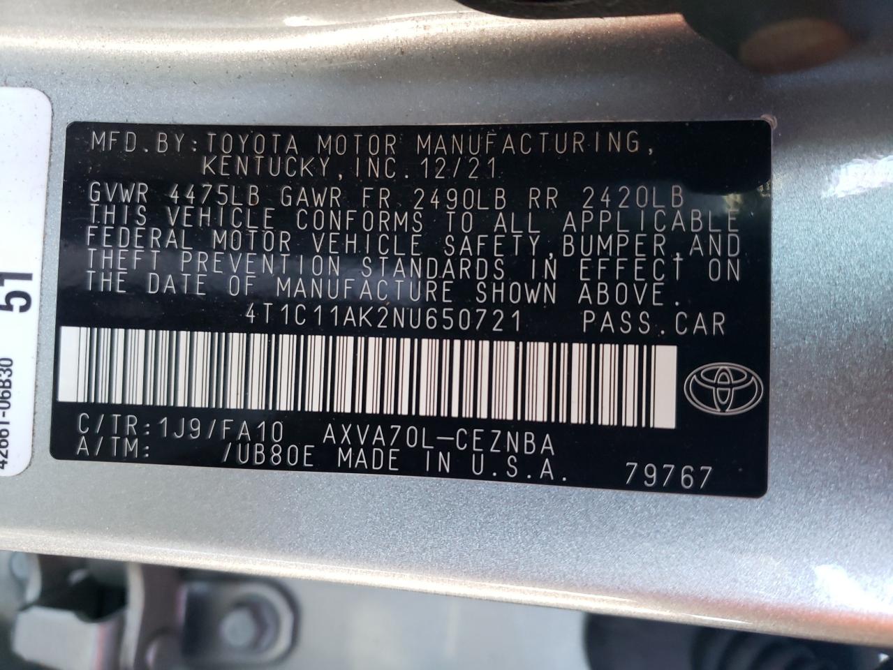 2022 TOYOTA CAMRY LE VIN:4T1C11AK2NU650721