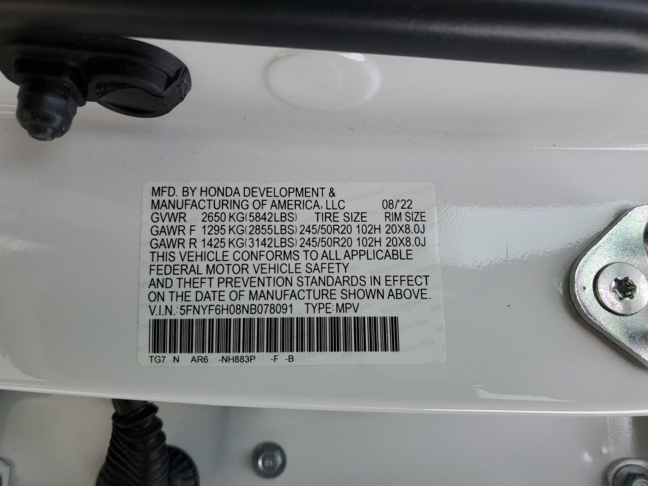2022 HONDA PILOT ELITE VIN:5FNYF6H08NB078091