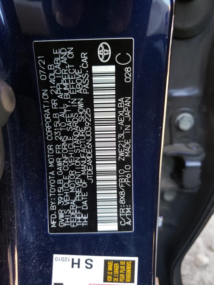 2022 TOYOTA COROLLA LE VIN:JTDEAMDE6NJ039225