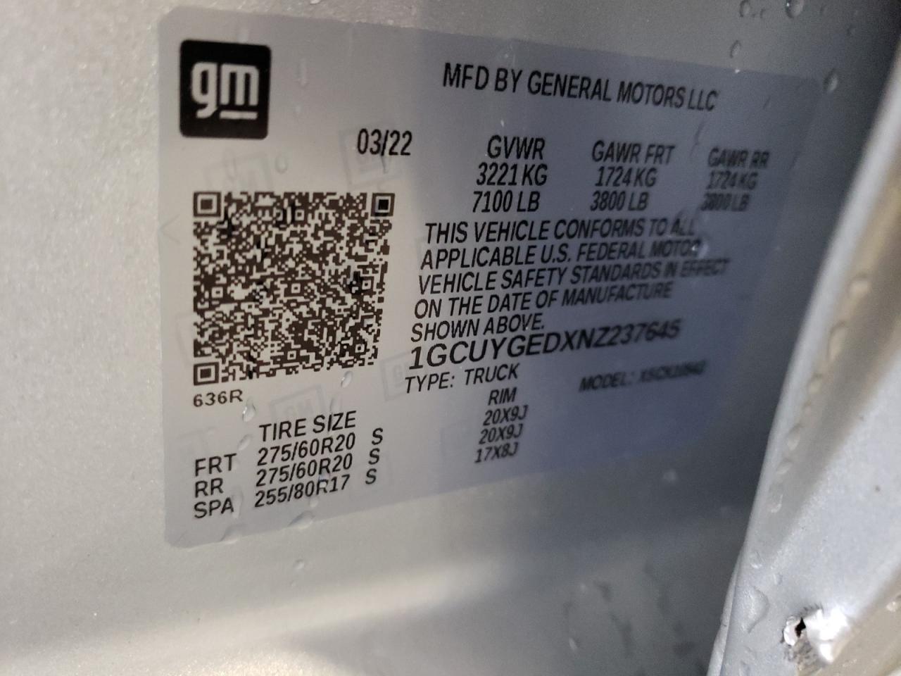 2022 CHEVROLET SILVERADO LTD K1500 LTZ VIN:1GCUYGEDXNZ237645