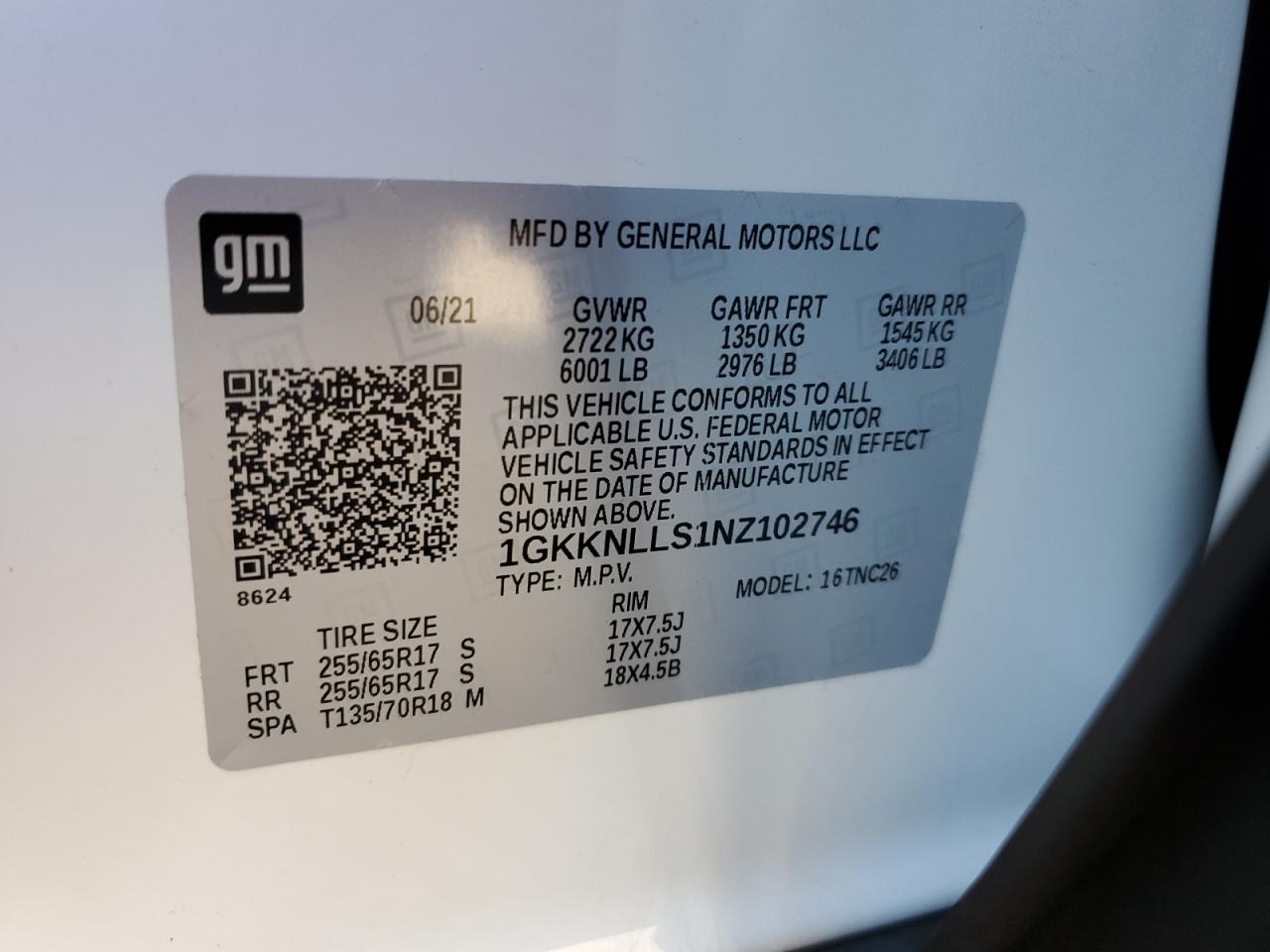 2022 GMC ACADIA AT4 VIN:1GKKNLLS1NZ102746