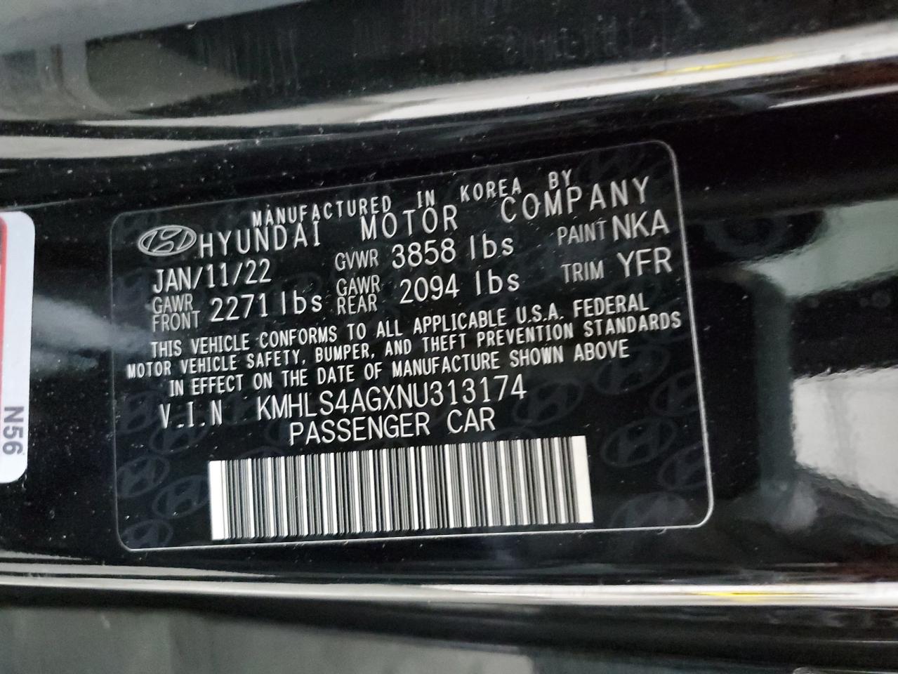 2022 HYUNDAI ELANTRA SEL VIN:KMHLS4AGXNU313174