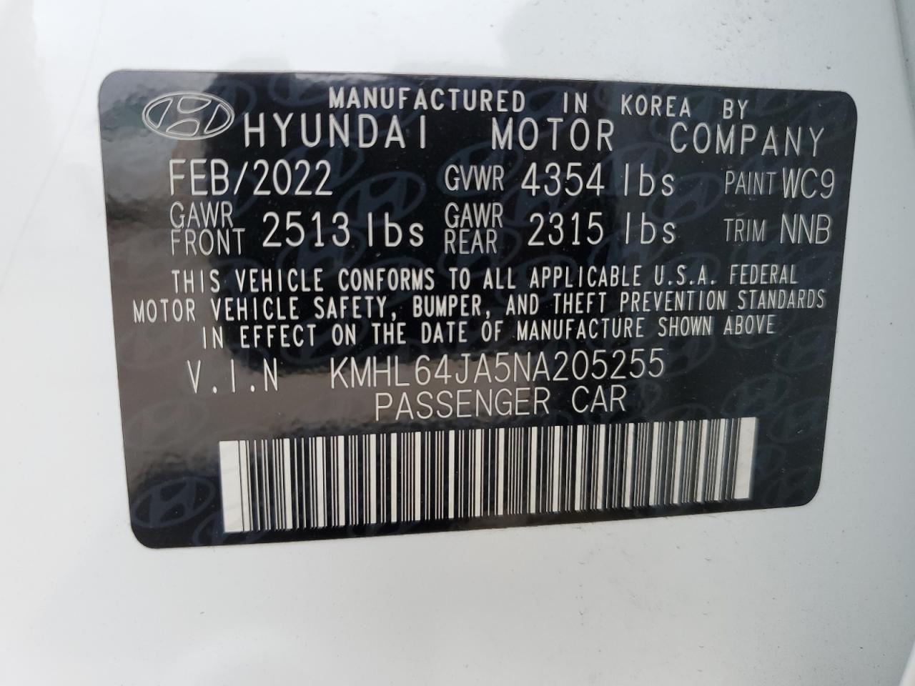 2022 HYUNDAI SONATA SEL VIN:KMHL64JA5NA205255