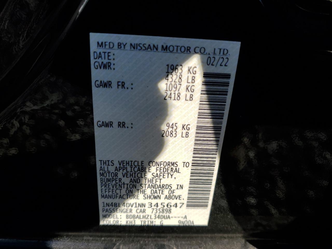 2022 NISSAN ALTIMA SV VIN:1N4BL4DV1NN345647