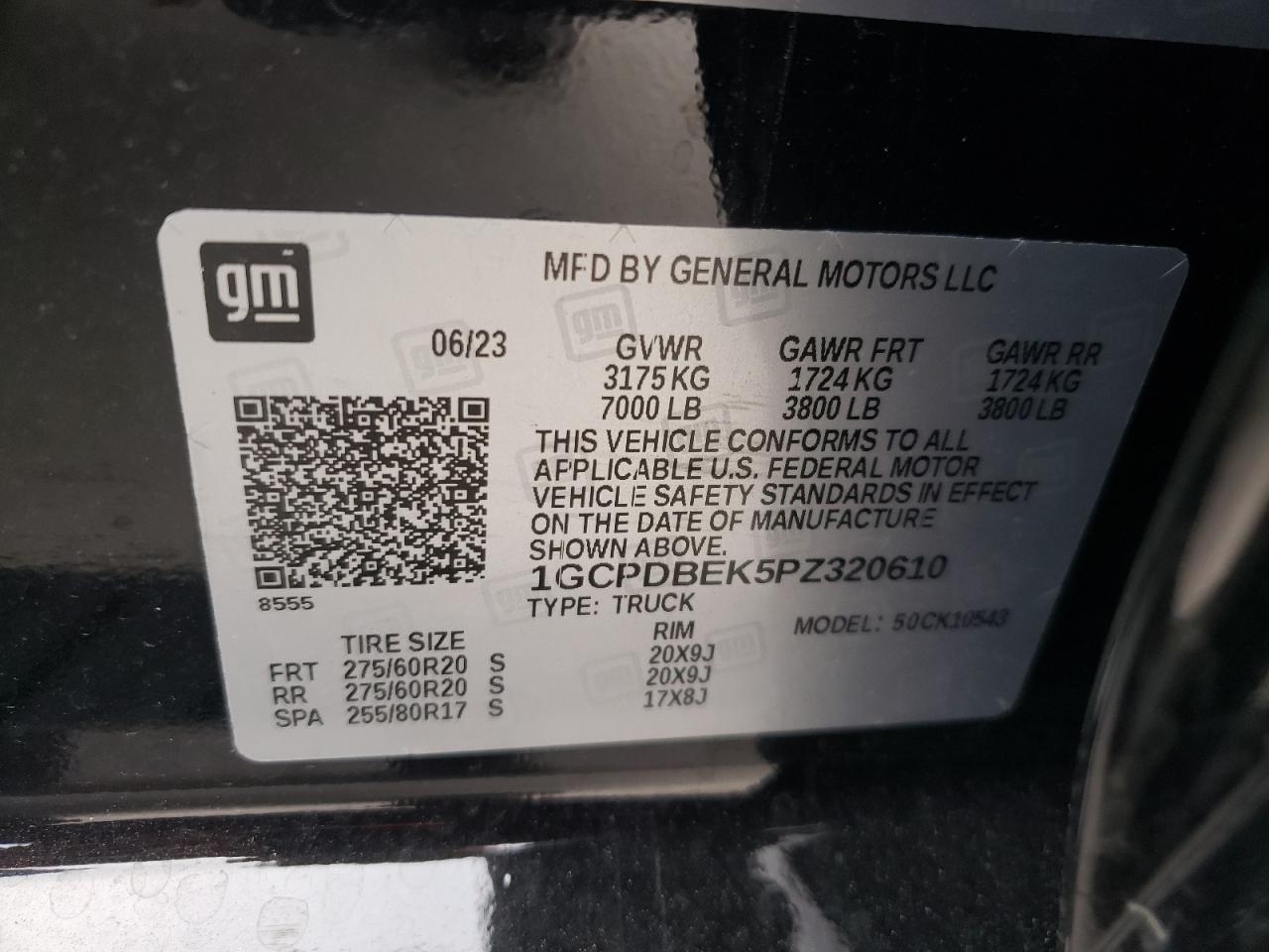 2023 CHEVROLET SILVERADO K1500 CUSTOM VIN:1GCPDBEK5PZ320610