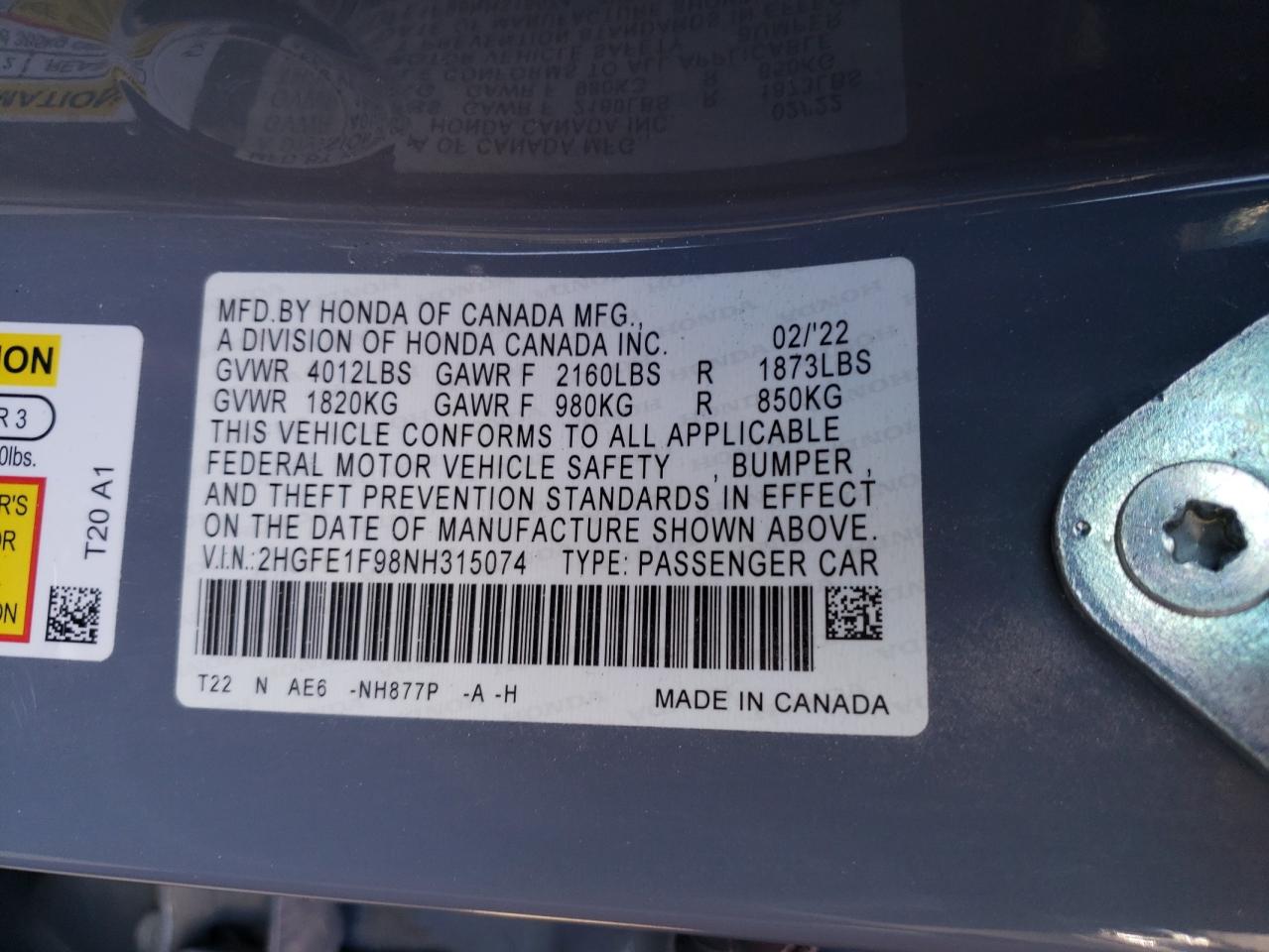 2022 HONDA CIVIC TOURING VIN:2HGFE1F98NH315074