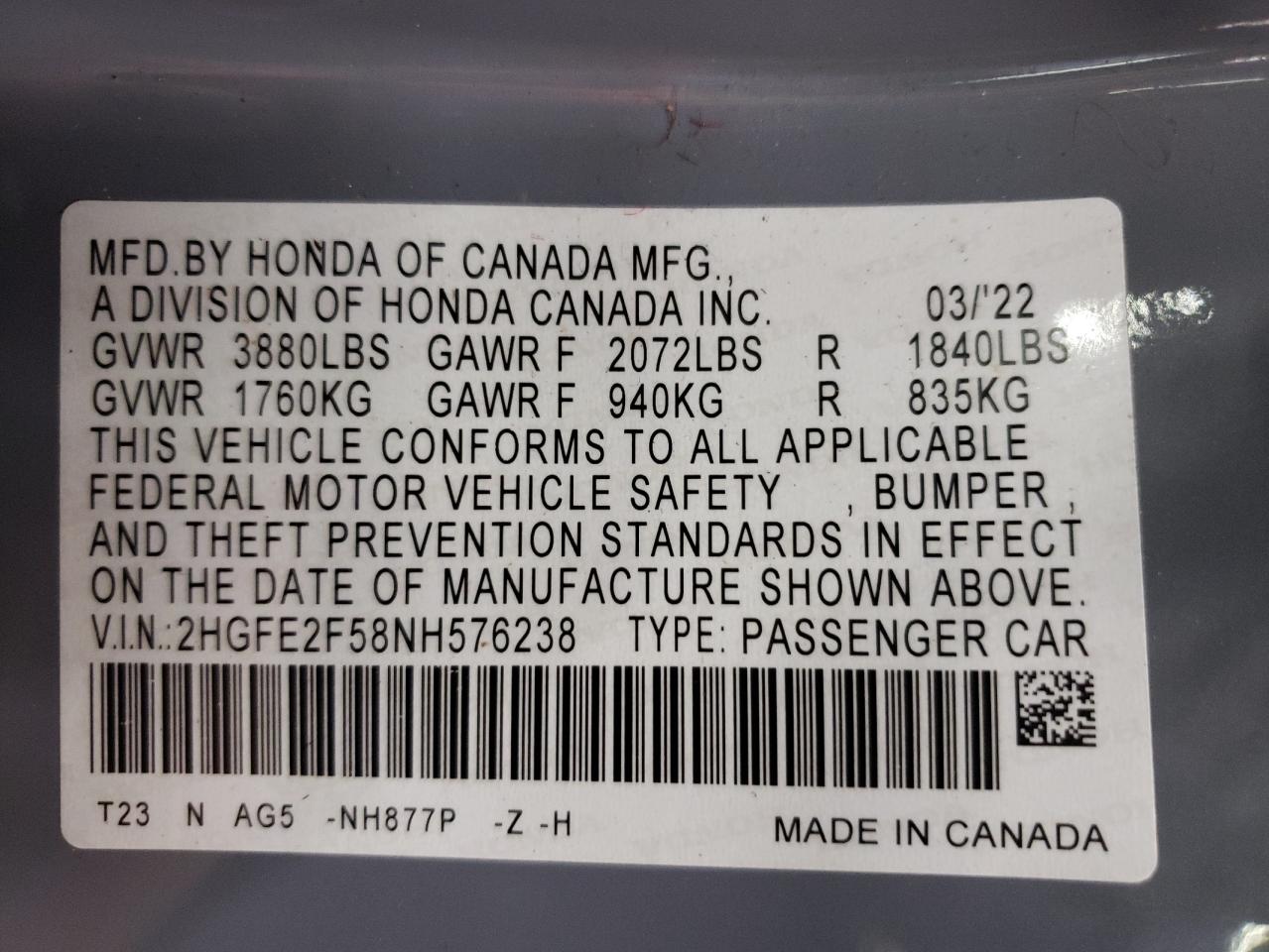 2022 HONDA CIVIC SPORT VIN:2HGFE2F58NH576238