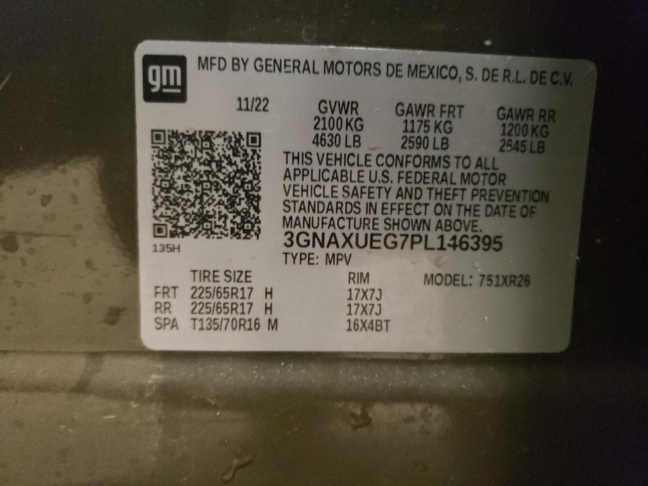 2023 CHEVROLET EQUINOX LT VIN:3GNAXUEG7PL146395