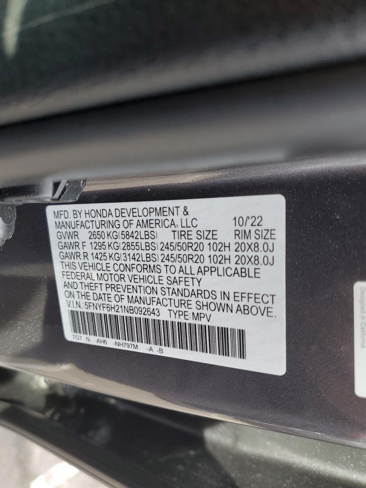 2022 HONDA PILOT SE VIN:5FNYF6H21NB092643