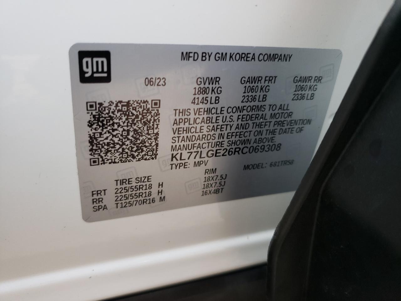 2024 CHEVROLET TRAX 1RS VIN:KL77LGE26RC069308