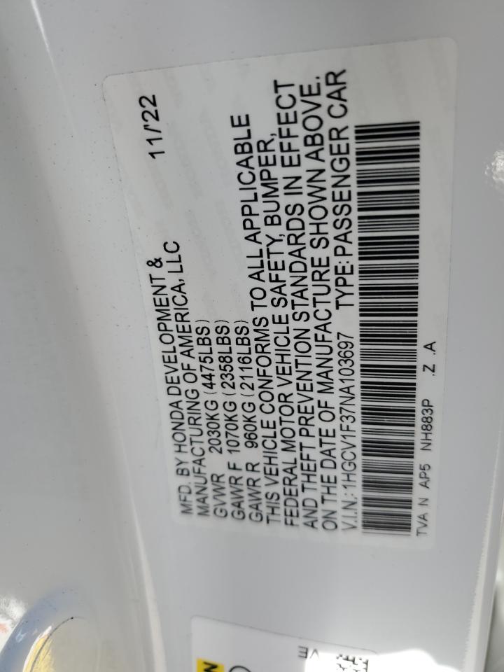 2022 HONDA ACCORD SPORT VIN:1HGCV1F37NA103697