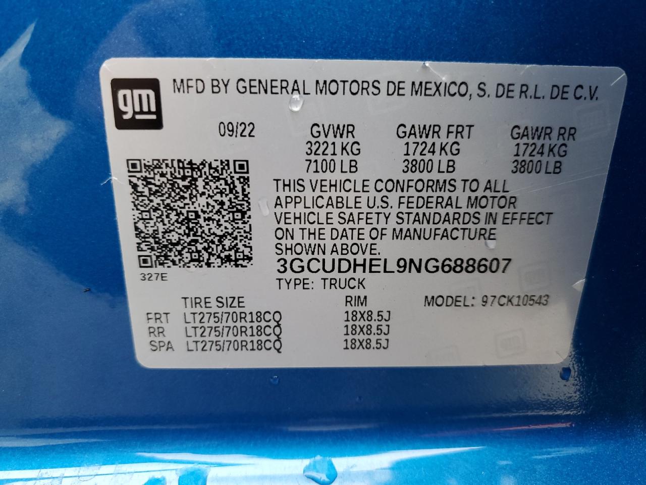 2022 CHEVROLET SILVERADO K1500 ZR2 VIN:3GCUDHEL9NG688607