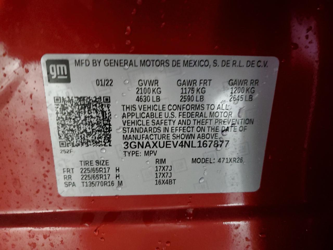 2022 CHEVROLET EQUINOX LT VIN:3GNAXUEV4NL167877