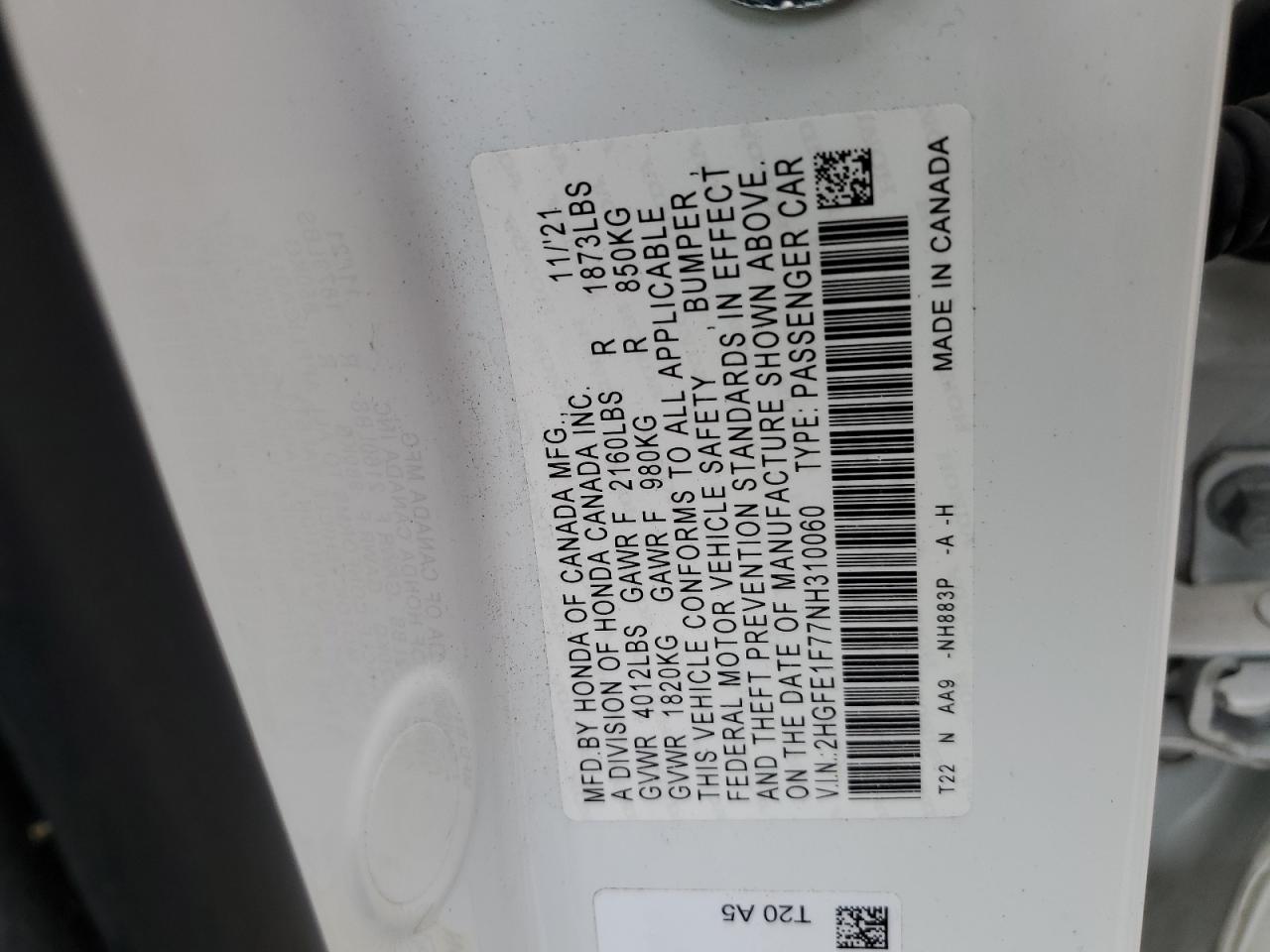 2022 HONDA CIVIC EX VIN:2HGFE1F77NH310060