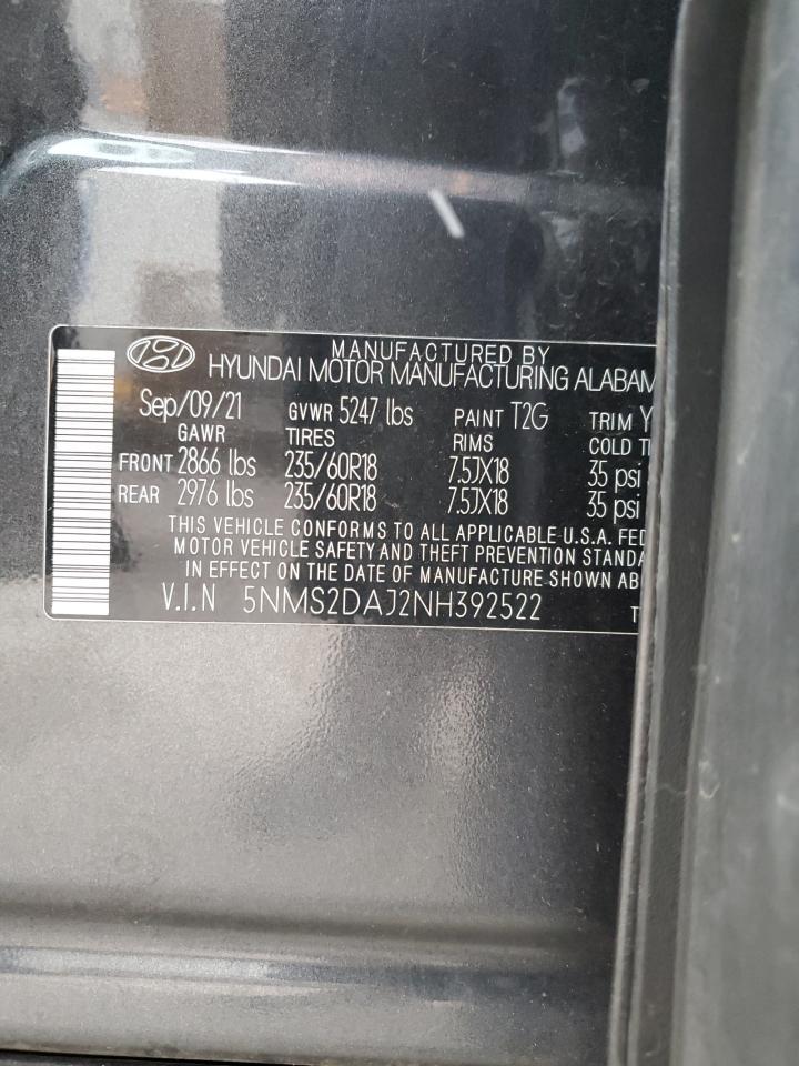 2022 HYUNDAI SANTA FE SEL VIN:5NMS2DAJ2NH392522
